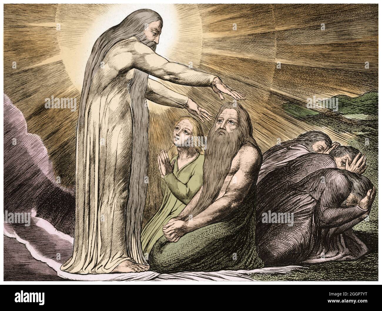 „die Vision Gottes“ aus William Blakes „Illustrationen des Buches Hiob“, einer Serie von Stichen, die 1825 veröffentlicht wurden. Stockfoto