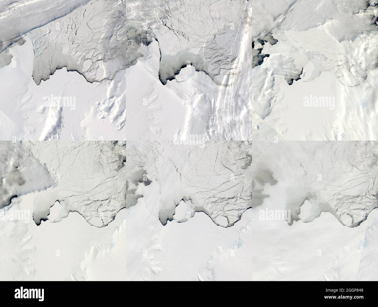 Zusammengesetzt aus sechs Satellitenbildern, die zwischen dem 13. September und dem 2. Oktober 2019 aufgenommen wurden, zeigen die Gletscherspaltungen und das Kalben eines Eisbergs aus dem Amery-Schelfeis der Ostantarktis. Stockfoto