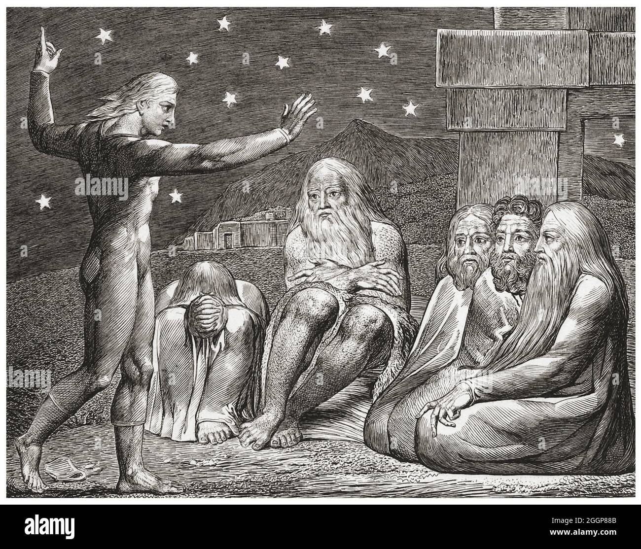 „The Wrath of Elihu“ aus William Blakes „Illustrations of the Book of Hiob“, einer Serie von Stichen, die 1825 veröffentlicht wurden. Stockfoto