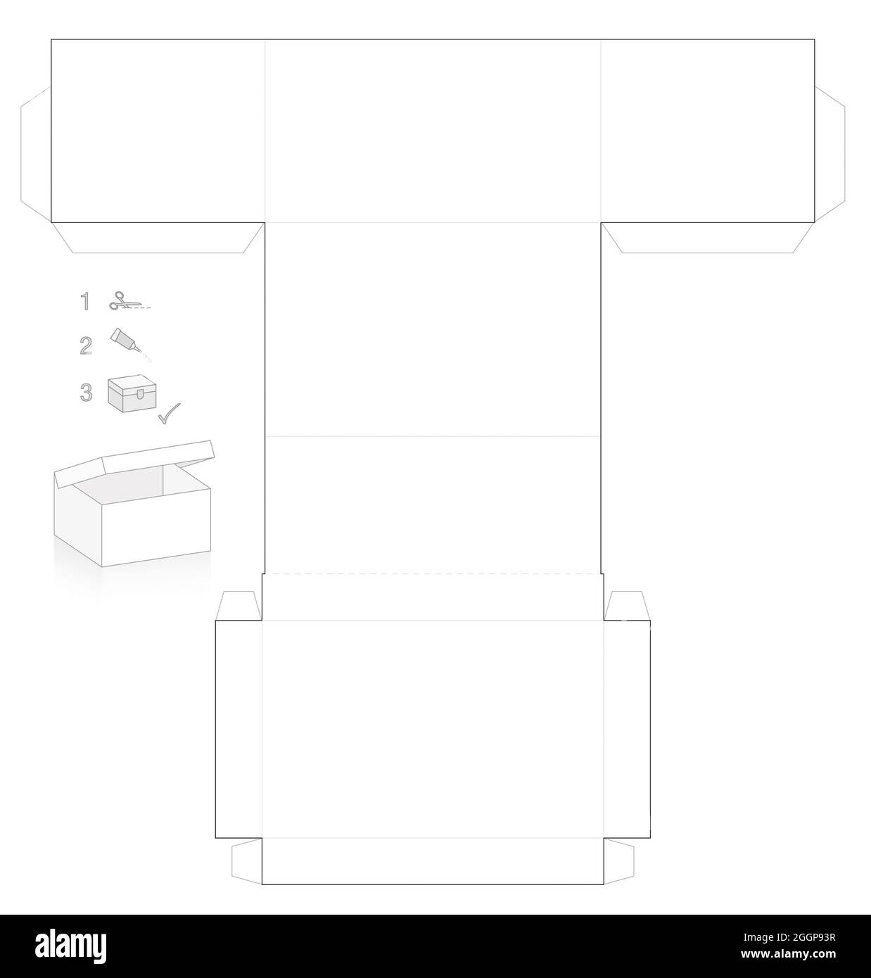 Schablone aus Karton mit Deckel, der geöffnet werden kann, einfaches Papiermodell. Ausschneiden, falten und kleben. Stockfoto