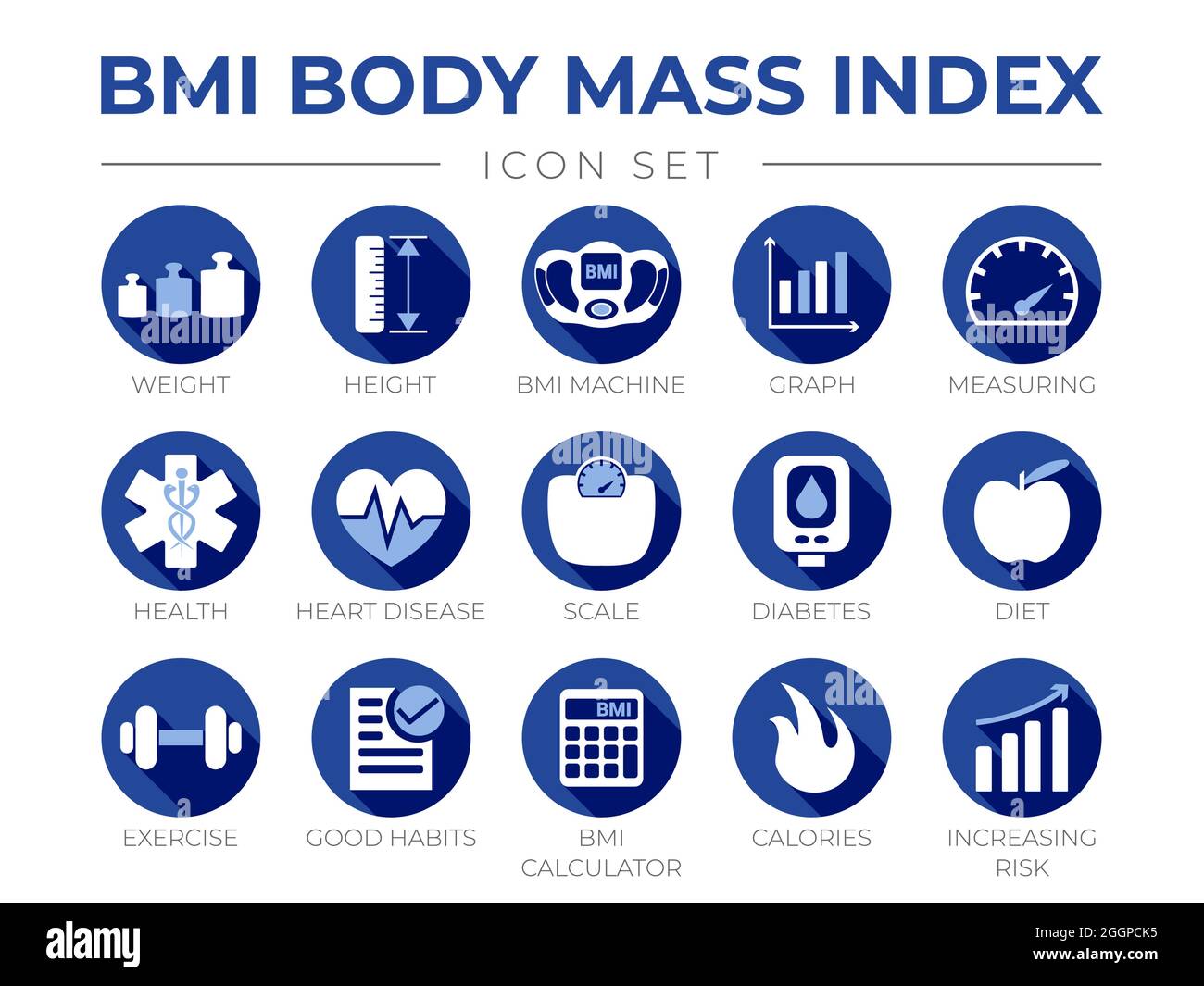 Blauer BMI Body Mass Index Rundes Symbol Satz von Gewicht, Größe, BMI-Gerät, Grafik, Messung, Gesundheit, Herzkrankheit, Skala, Diabetes, Diät, Übung, Habi Stock Vektor