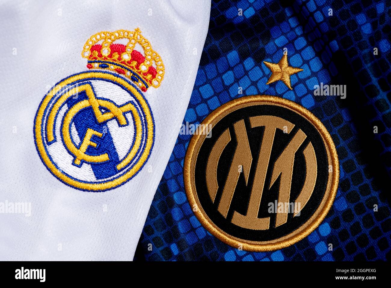 Nahaufnahme des Clubs Real Madrid & Inter Stockfoto