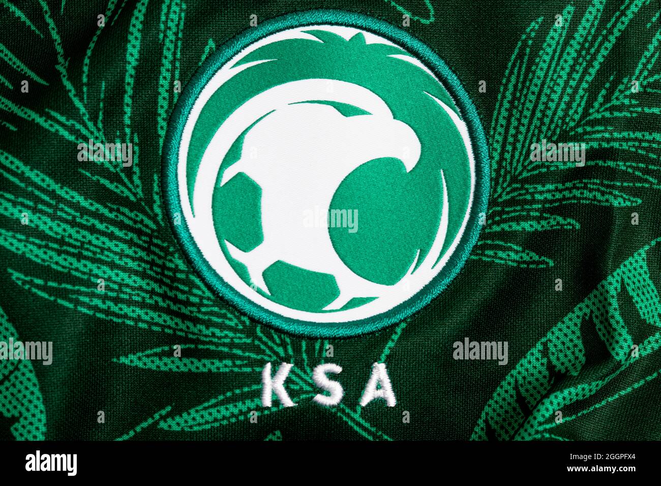 Nahaufnahme des Saudi-arabischen Fußballnationalkastens 2021. Stockfoto