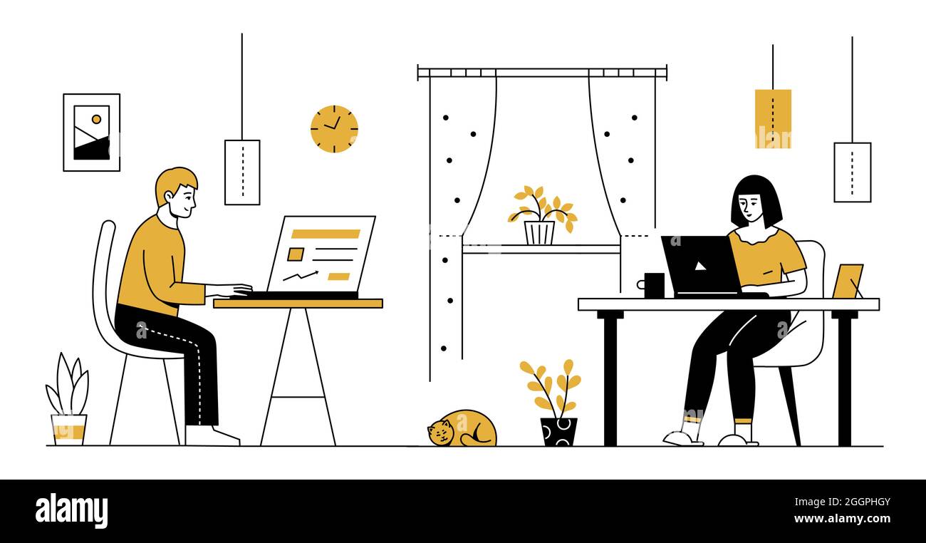 Home Office – Illustration im modernen Liniendesign. Nette Illustration eines Paares, das in einem Raum in ihrer Wohnung arbeitet. Die Idee des Conve Stock Vektor