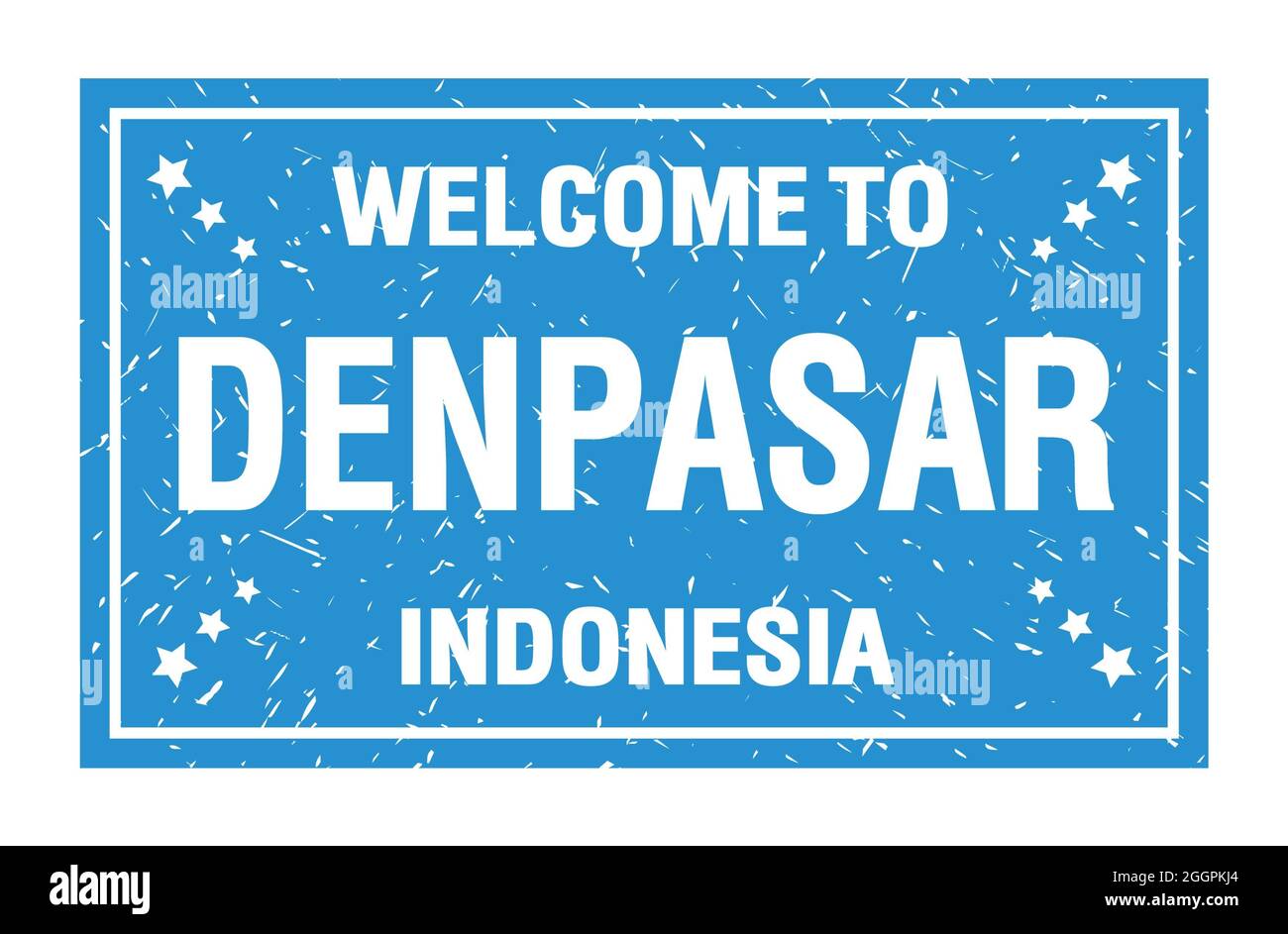 WILLKOMMEN IN DENPASAR - INDONESIEN, Worte auf blauem Rechteck Flaggenstempel geschrieben Stockfoto