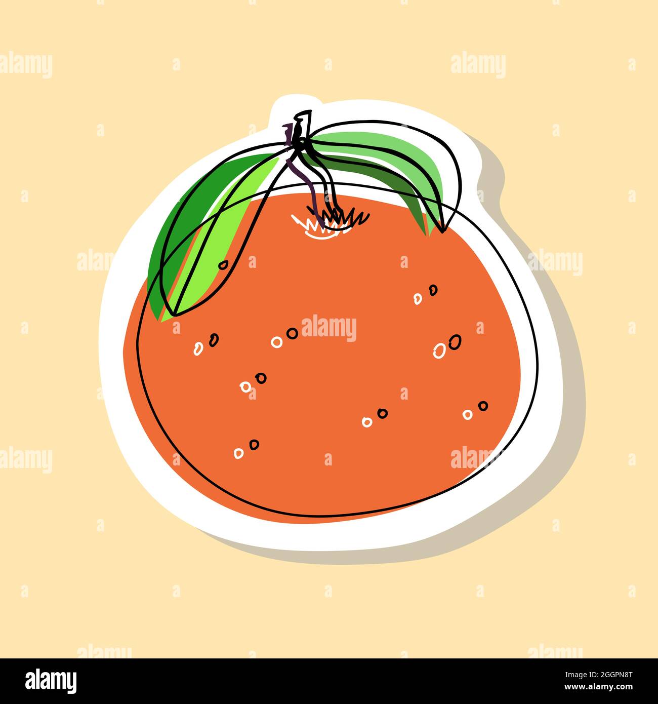 Vektordarstellung einer Orange oder Mandarine auf einem Ast mit Blättern im Doodle-Stil. Stock Vektor