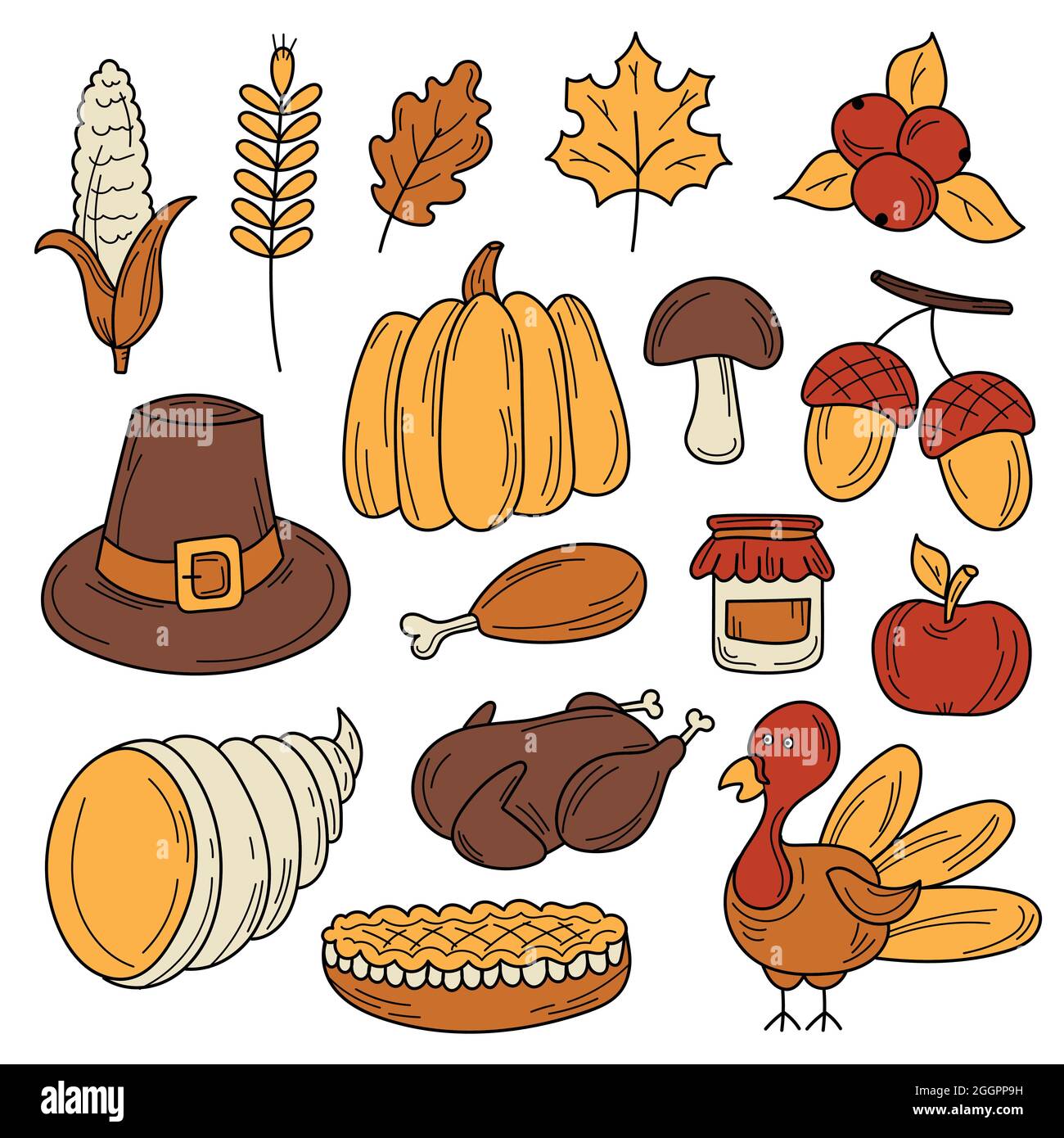 Bunte Vektor handgezeichnete Doodle Cartoon Satz von Objekten und Symbolen auf der Thanksgiving Herbst Thema Stock Vektor