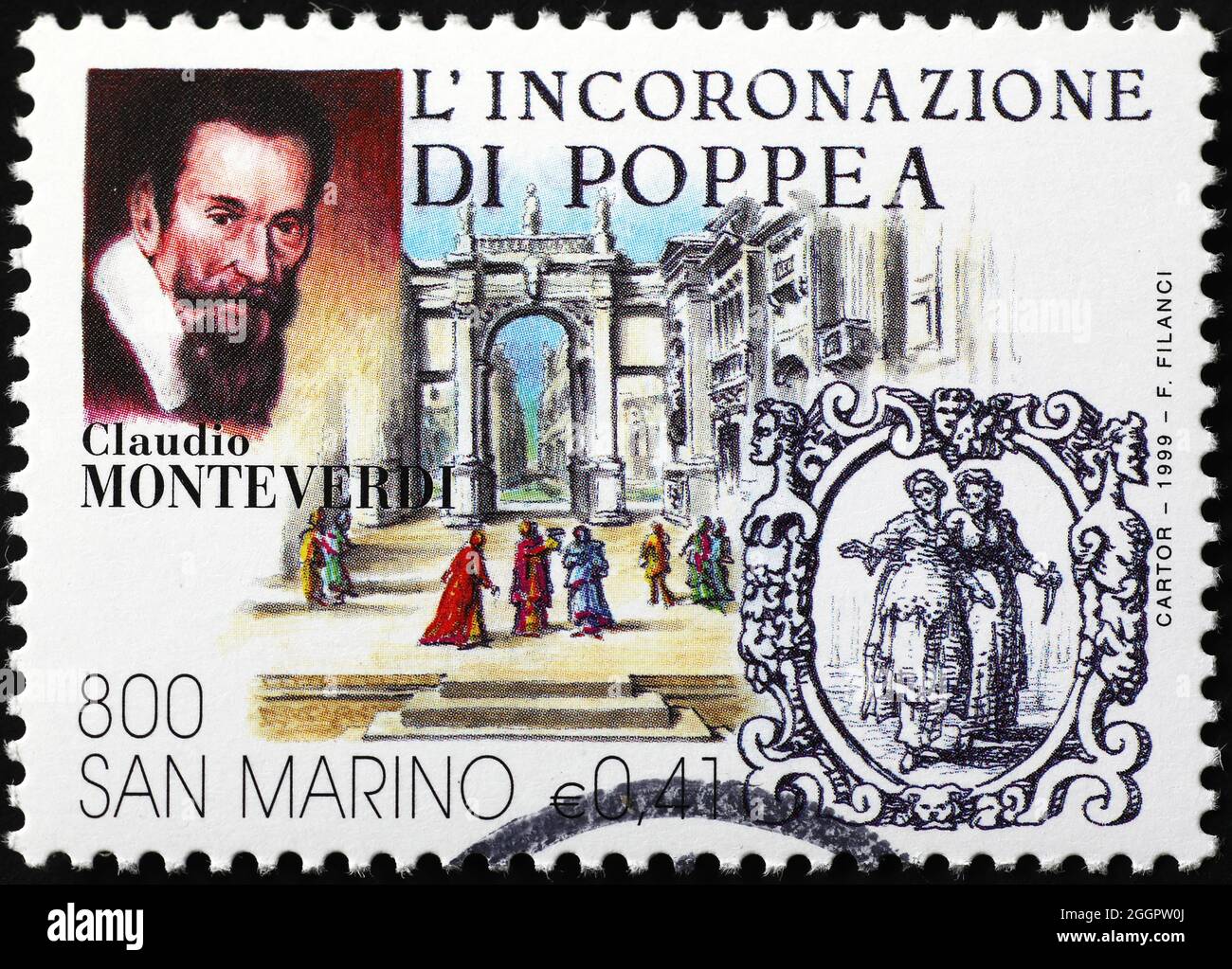 Claudio Monteverdi und seine Oper Incoronation of Poppea auf Briefmarke Stockfoto