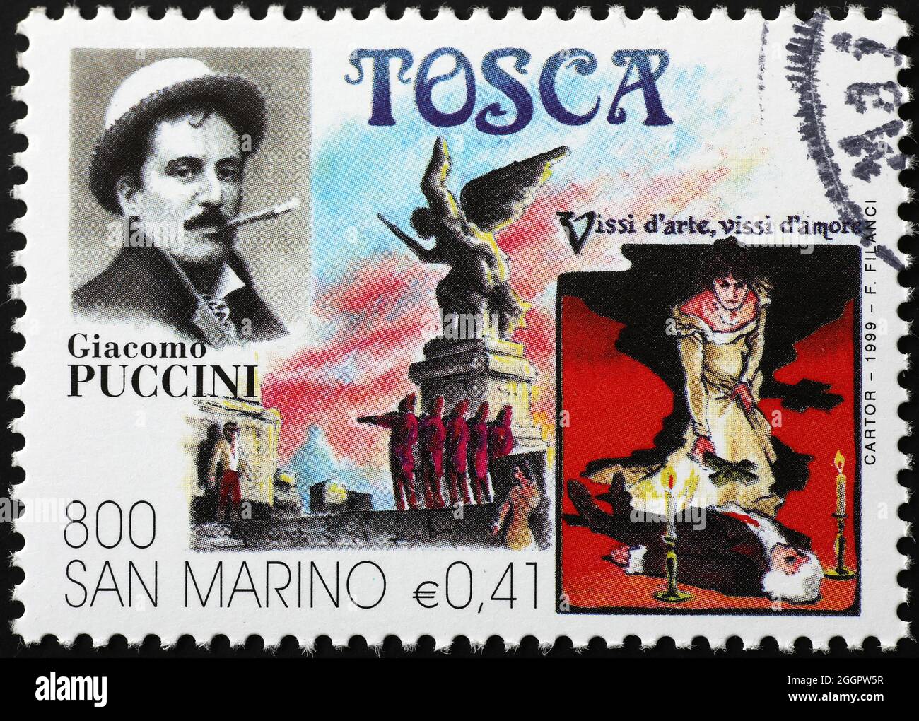 Giacomo Puccini und seine Oper Tosca auf Briefmarke Stockfoto