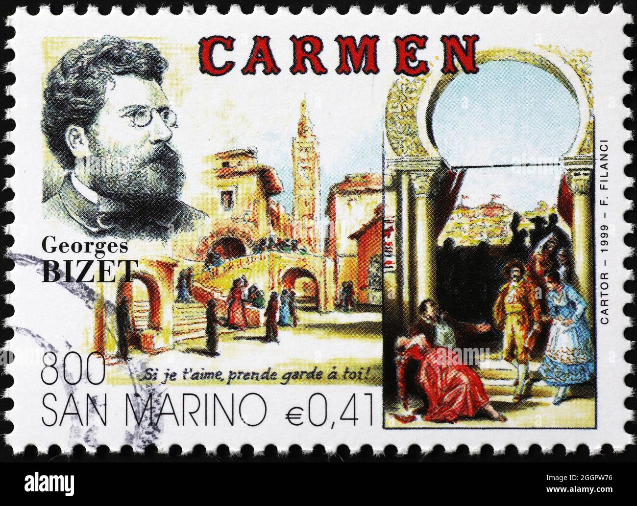 George Bizet und seine Oper Carmen auf Briefmarke Stockfoto