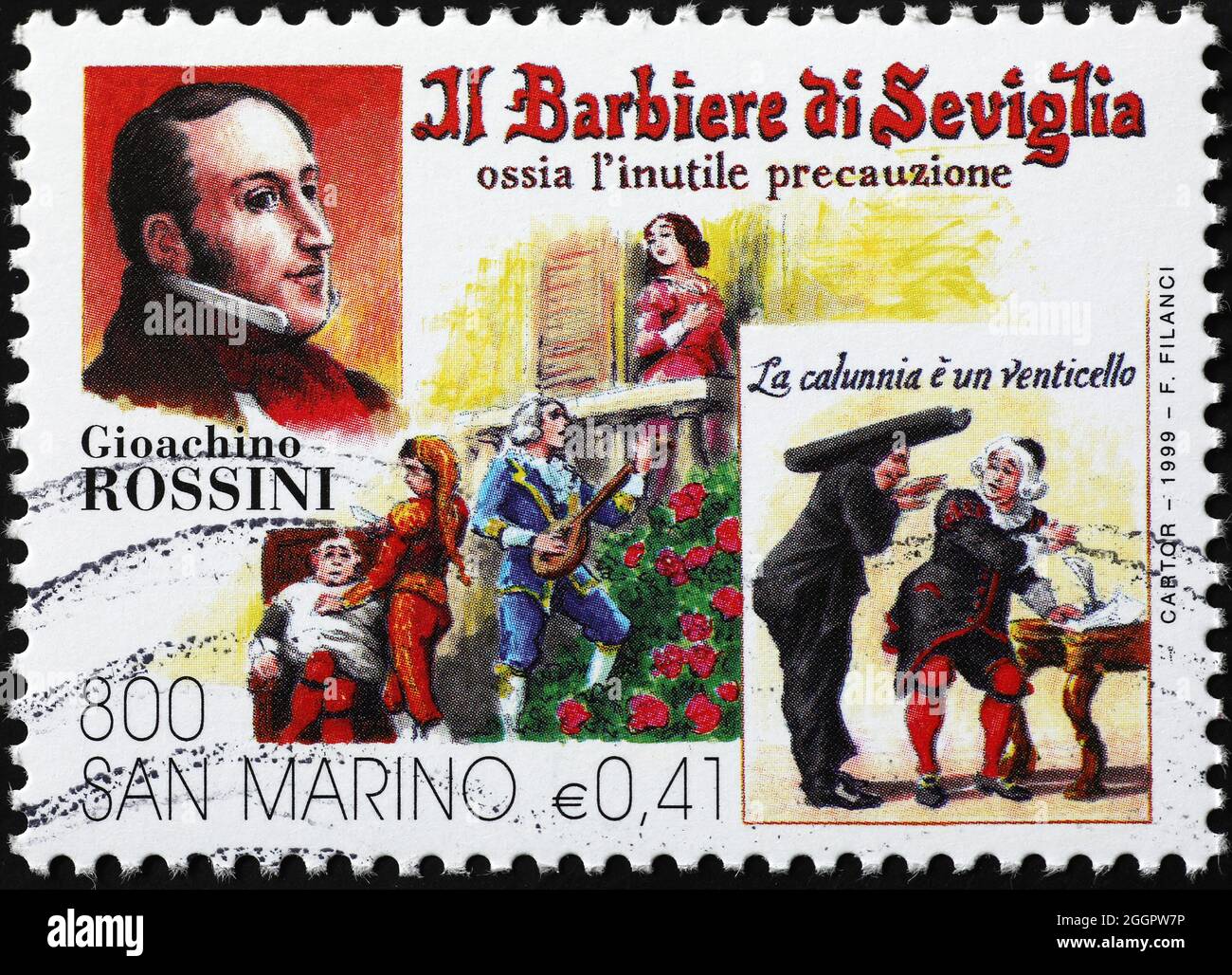 Gioacchino Rossini und seine Oper der Barbier von Sevilla auf Briefmarke Stockfoto