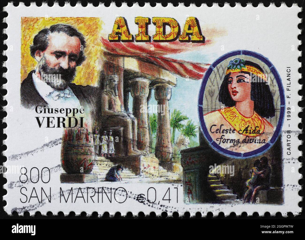 Giuseppe Verdi und seine Oper Aida auf Briefmarke Stockfoto