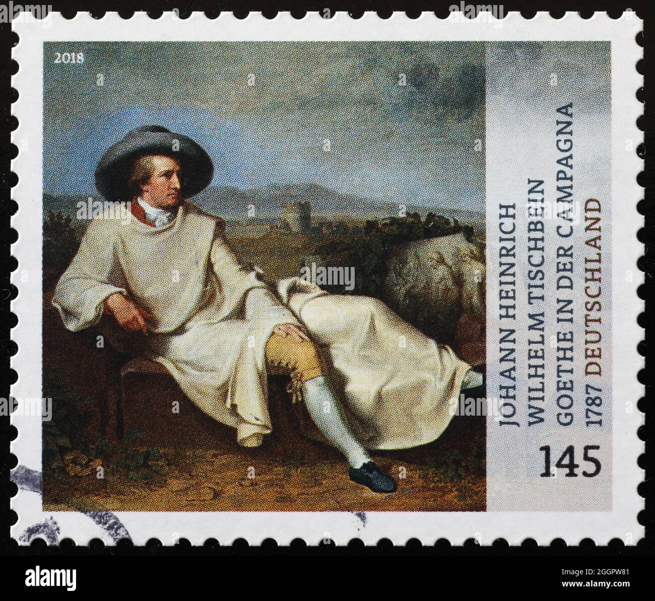 Goethe in der römischen Campagna von Tischbein auf Briefmarke Stockfoto