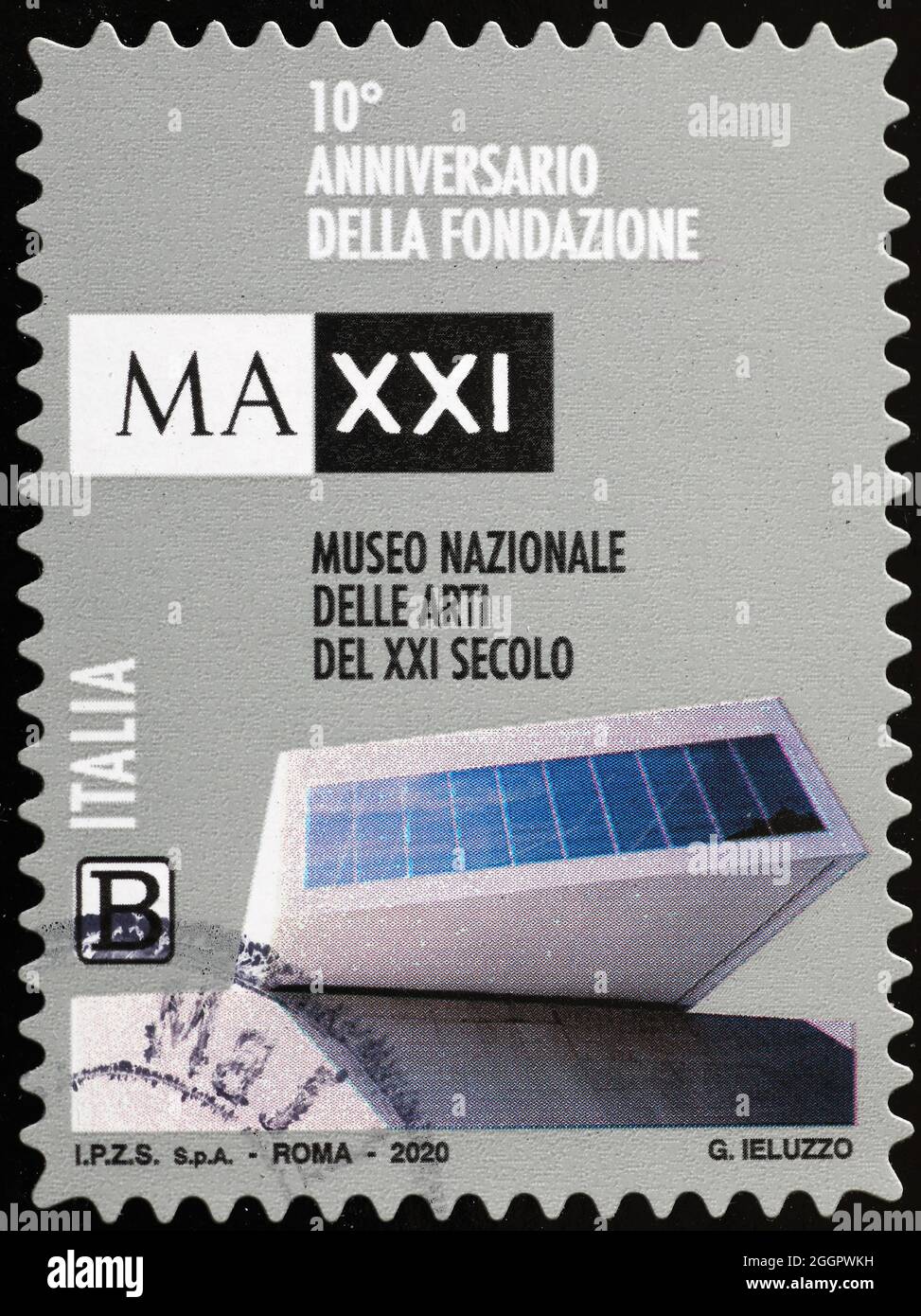 MAXXI, Nationalmuseum der Kunst des 21. Jahrhunderts in Rom, auf Briefmarke Stockfoto