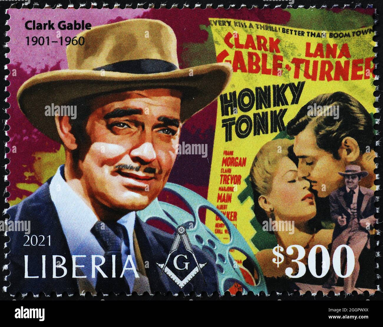 Filmplakat mit Clark Gable, auf Briefmarke Stockfoto