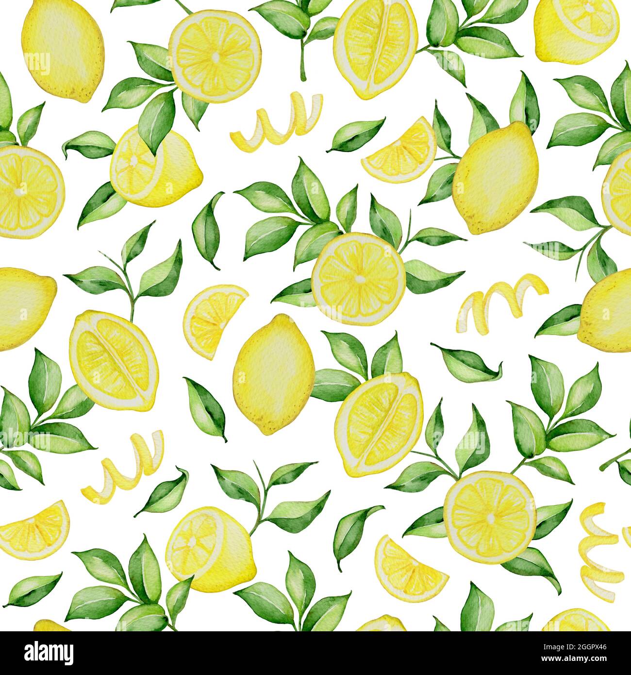 Handgezeichnetes Aquarell-Nahtloses Muster mit Zitronen und grünen Blättern auf weißem Hintergrund Stockfoto