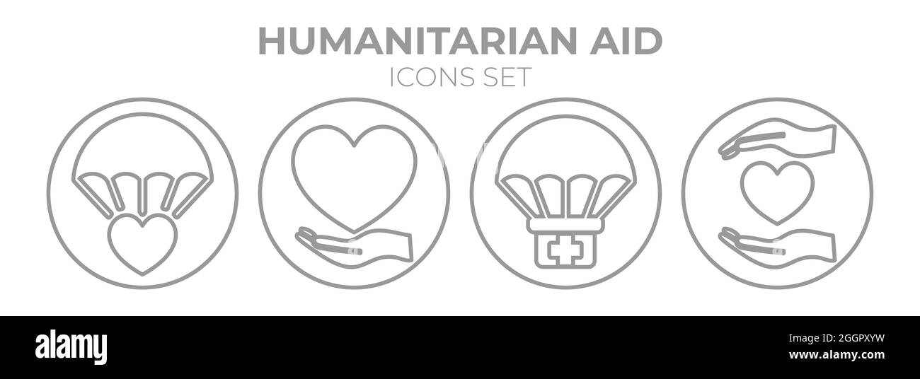 Humanitäre Hilfe Round Outline Isoliertes Symbolset Stock Vektor