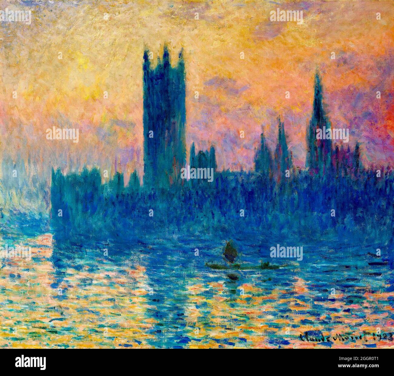 Claude Monet Kunstwerk mit dem Titel Houses of Parliament - Sunset. Stockfoto