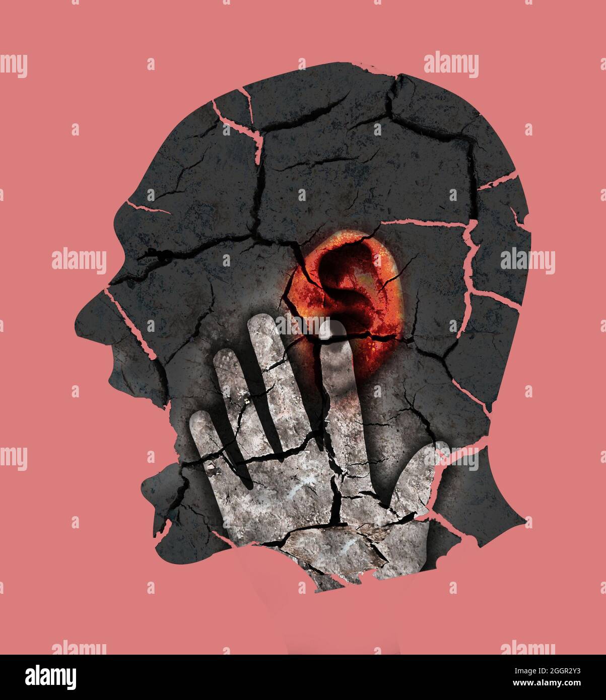 Mann mit rotem Ohr, symbolisiert Tinnitus, Ohrprobleme, Wahnsinn. Männlicher Kopf stilisiertes Profil. Fotomontage mit trockener, rissiger Erde. Stockfoto