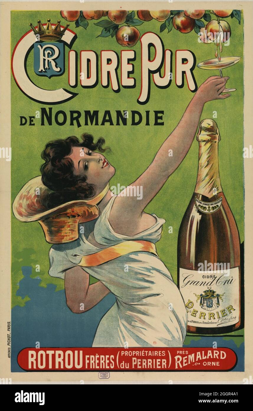 Klicken Sie auf das Vintage Vintage French Alcohol Poster - 'Cidre pur de Normandie', 1920er Jahre Stockfoto