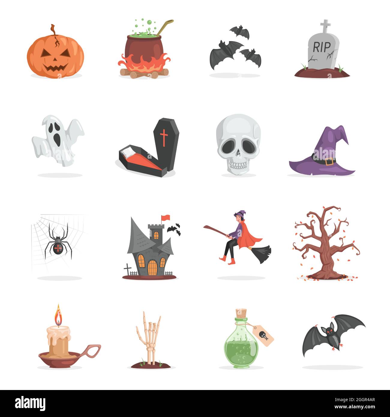 Set von Halloween-Party-Artikeln. Unheimlich und hässlich Kürbis, Topf mit  Gift, Fledermäuse, Grabstein, Geist, Totenkopf, Hexenhut, Spinne, Burg,  Hexe, Baum, Kerze, Skelett Hand Vektor flache Cartoon-Illustration  Stock-Vektorgrafik - Alamy