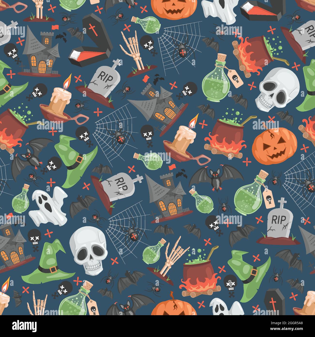 Halloween Nahtloses Muster. Hässliche und unheimliche Schädel, Hexenhüte, Gifte, Spinnen im Netz, Skelette, Fledermäuse, und Kürbisse auf blauem Hintergrund. Trick or Treat Halloween Party Vektor flache Cartoon Hintergrund. Stock Vektor