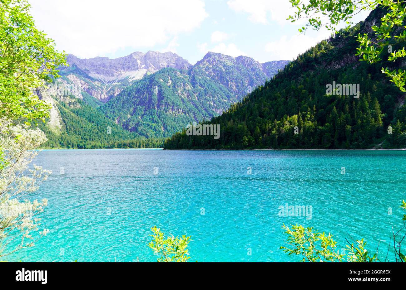 Landschaft am Plansee in Tirol, Österreich. Türkisfarbener See mit umliegender Landschaft und Bergen. Stockfoto