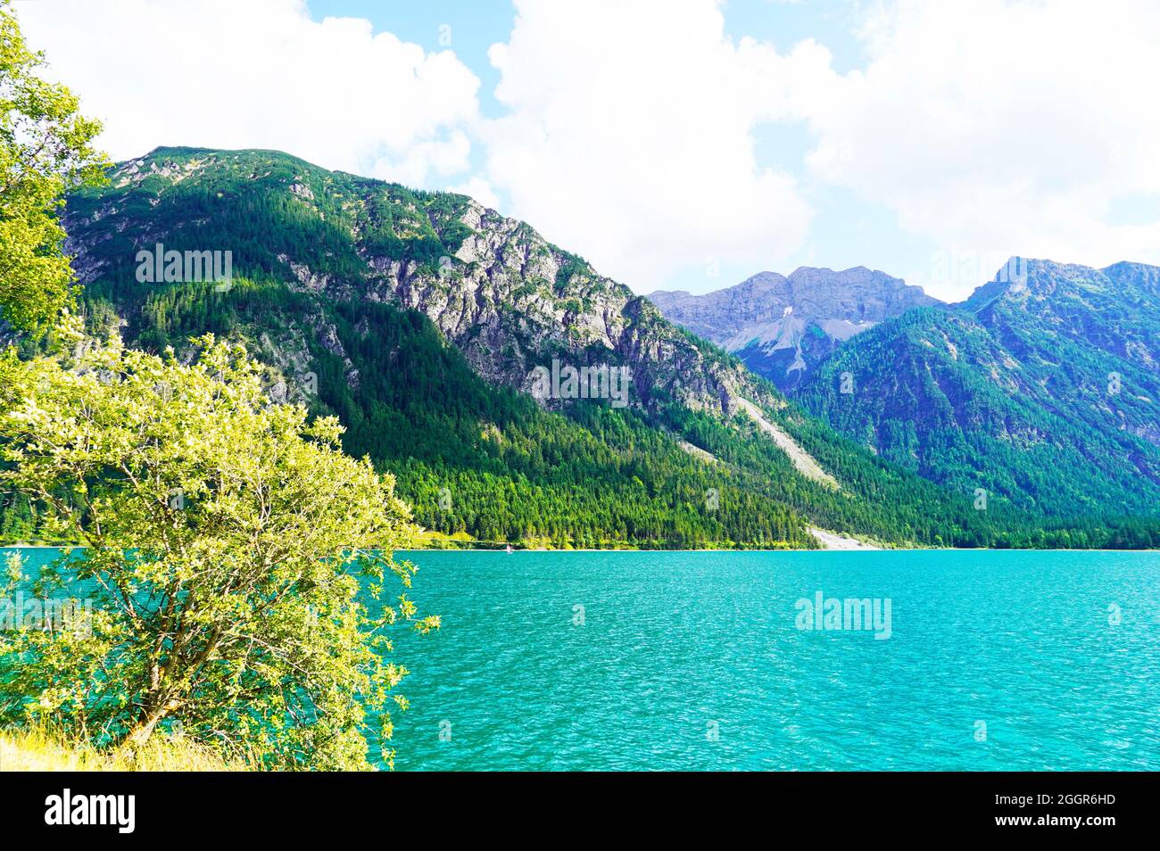 Landschaft am Plansee in Tirol, Österreich. Türkisfarbener See mit umliegender Landschaft und Bergen. Stockfoto