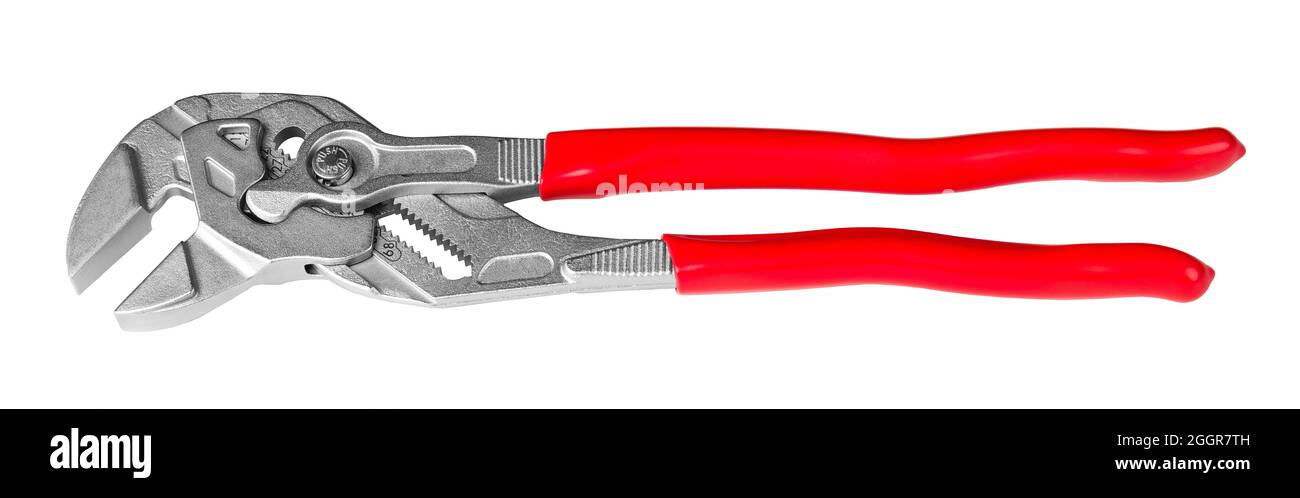 Verstellbarer Schraubenschlüssel oder Nut- und Federzange. Metall-Handarbeitswerkzeug mit geöffneten Backen und roten Kunststoffgriffen. Zum Halten oder Greifen und Festziehen. Stockfoto