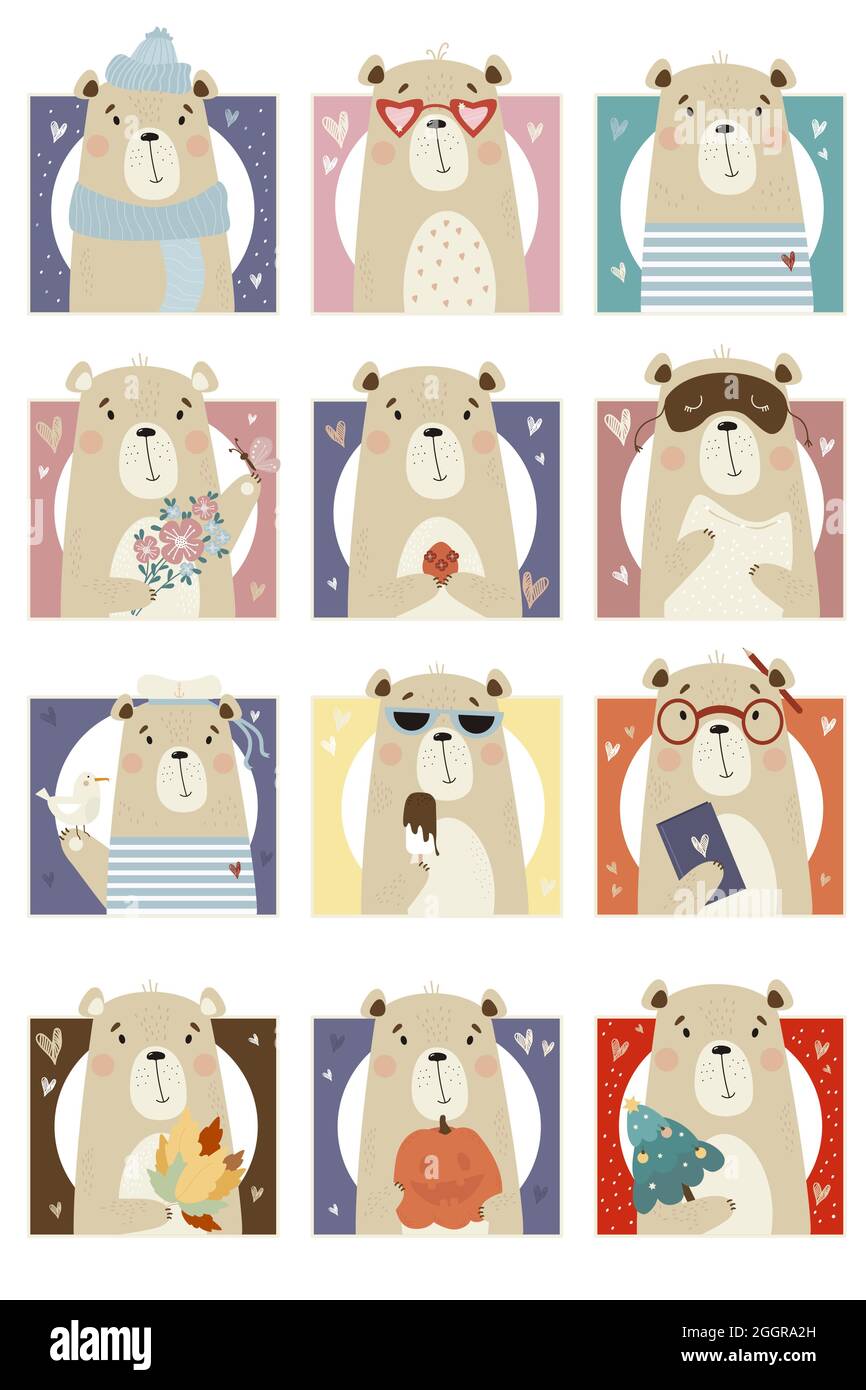 Set mit niedlichen Bären. Tiere in verschiedenen Kleidern, mit verschiedenen Gegenständen mit Weihnachtsbaum und Kürbis, Eis und Möwe. Vektorgrafik Stock Vektor