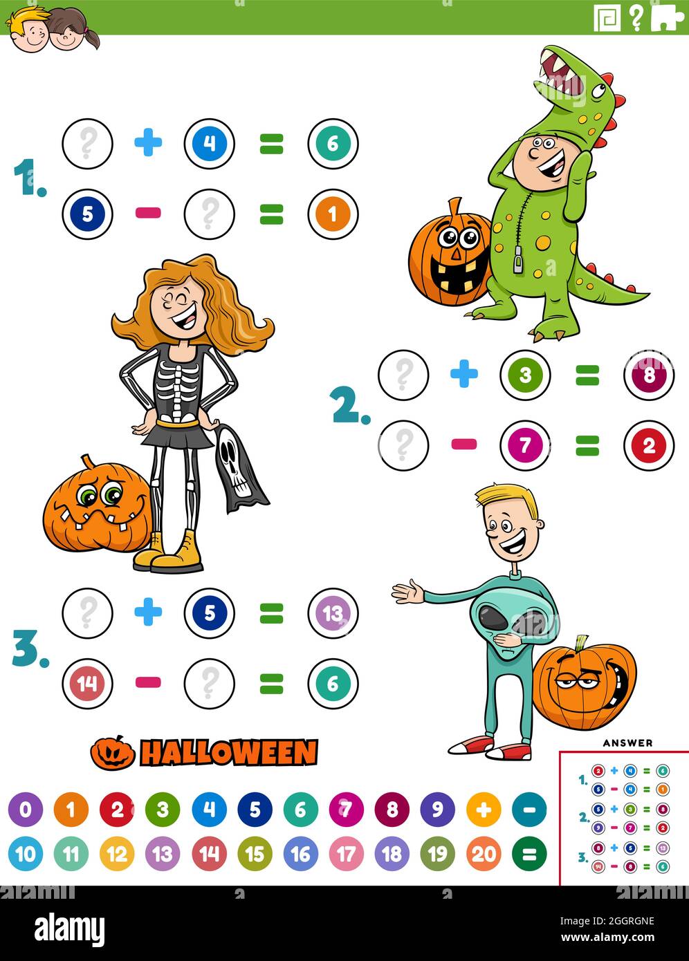 Cartoon Illustration der pädagogischen mathematischen Addition und Subtraktion Puzzle-Aufgabe mit Kindern Charaktere auf Halloween Zeit Stock Vektor