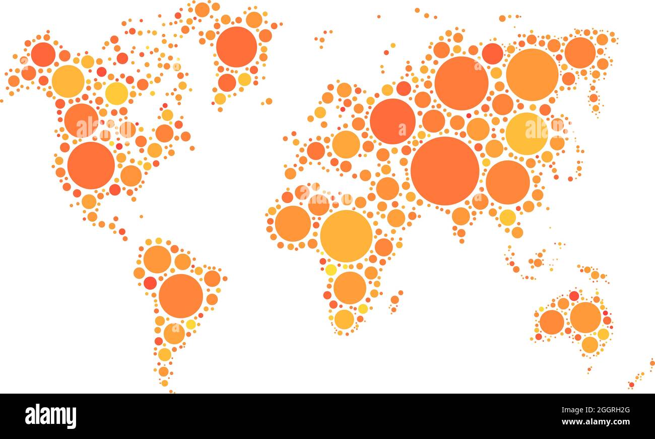 Vektor-Weltkarte Mosaik aus orangen Punkten in verschiedenen Größen und Schattierungen auf weißem Hintergrund. Vektorgrafik. Abstraktes Hintergrundmotiv. Stock Vektor
