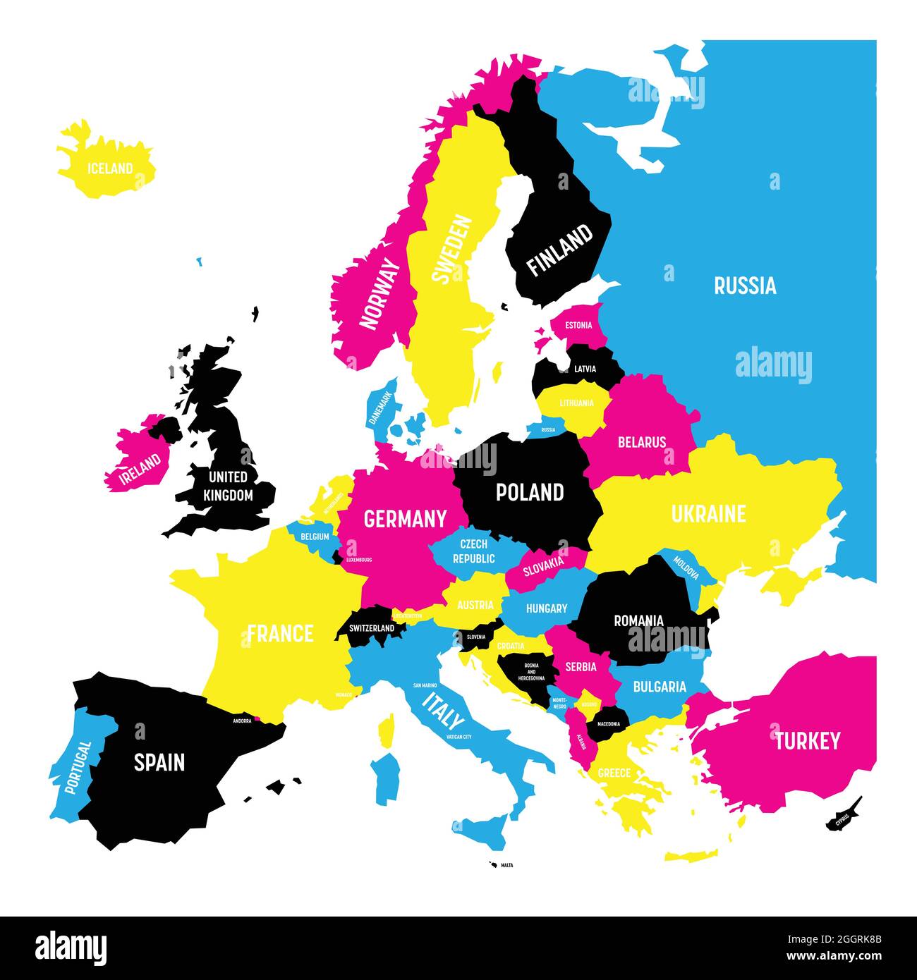 Politische Karte des europäischen Kontinents in CMYK-Farben isoliert auf weißem Hintergrund. Vektorgrafik. Stock Vektor