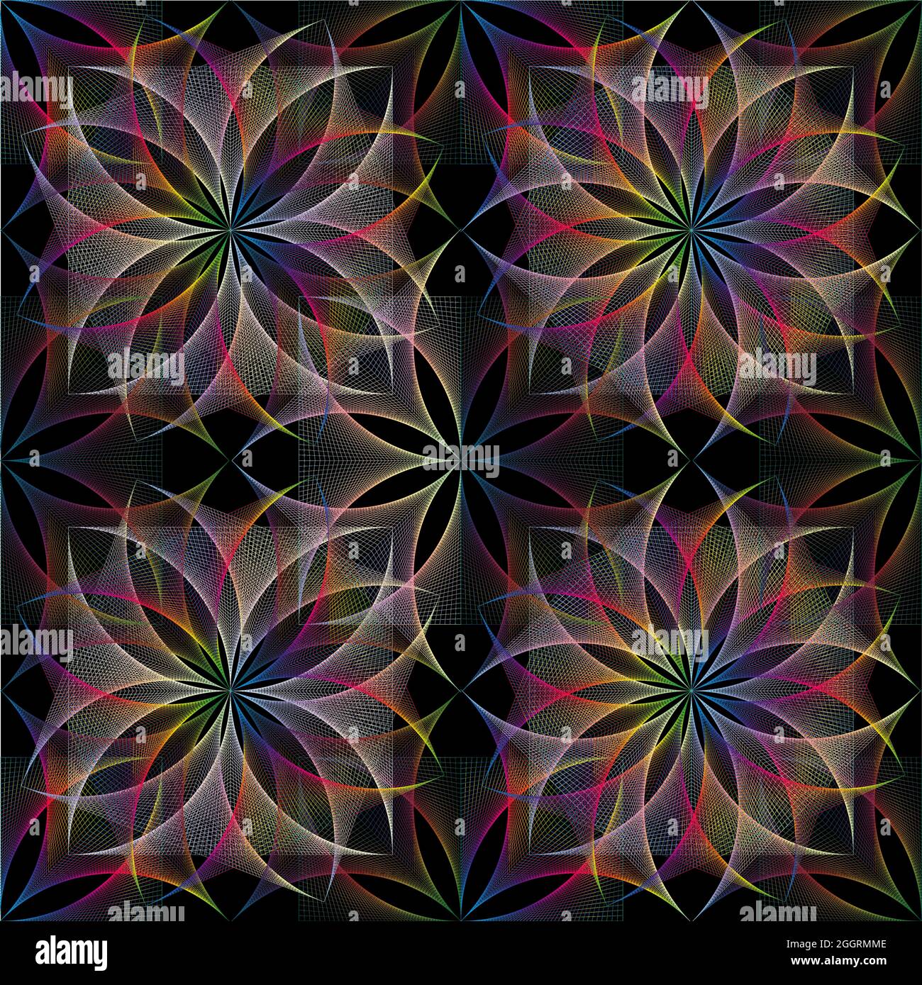 Nahtlose bunte Blume des Lebens Symbol, quadratische Vorlage, Spektrum Gradient geometrische Drahtgestell Heilige Lotusblumen, Fadenkunst, florale Heilige Geomet Stock Vektor