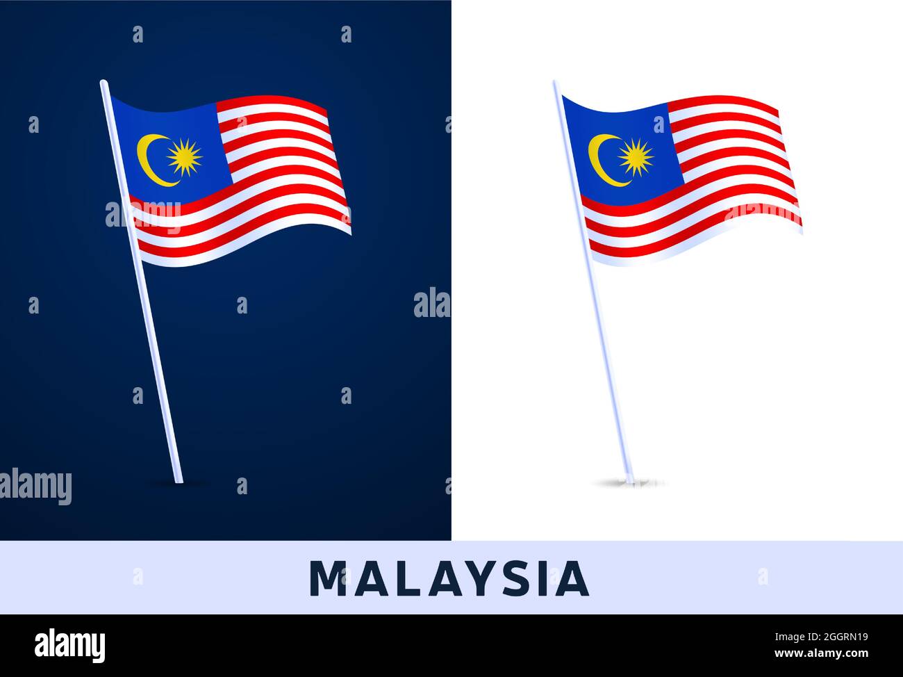 malaysia Wellenvektorflagge. Winkende nationale offizielle Farben und Anteil der Flagge. Vektorgrafik. Stock Vektor