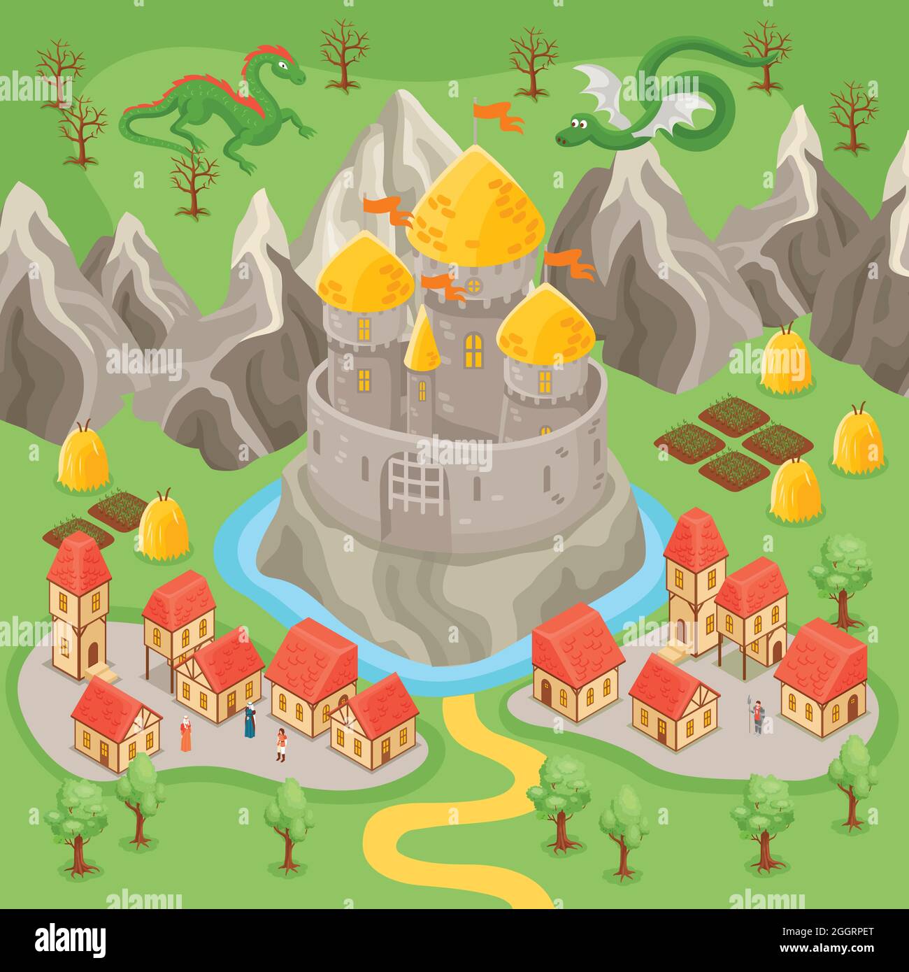 Fantasy mittelalterliche Stadtlandschaft und Drachen fliegen über Burg und Felsen isometrische Vektor-Illustration Stock Vektor