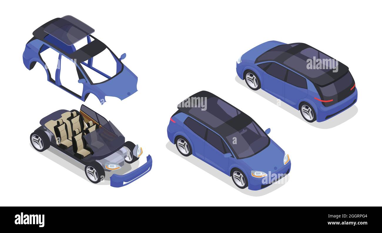 Auto-Designer isometrischen Satz mit Prototyp und Modellierung Symbole isoliert Vektor-Illustration Stock Vektor