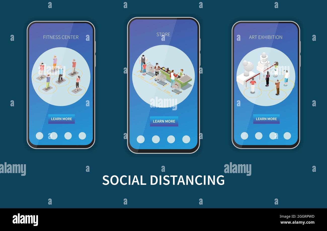Set aus drei isolierten isometrischen Social-Distancing-Bannern in Smartphone-Frames mit Text und Vektorgrafik menschlicher Charaktere Stock Vektor