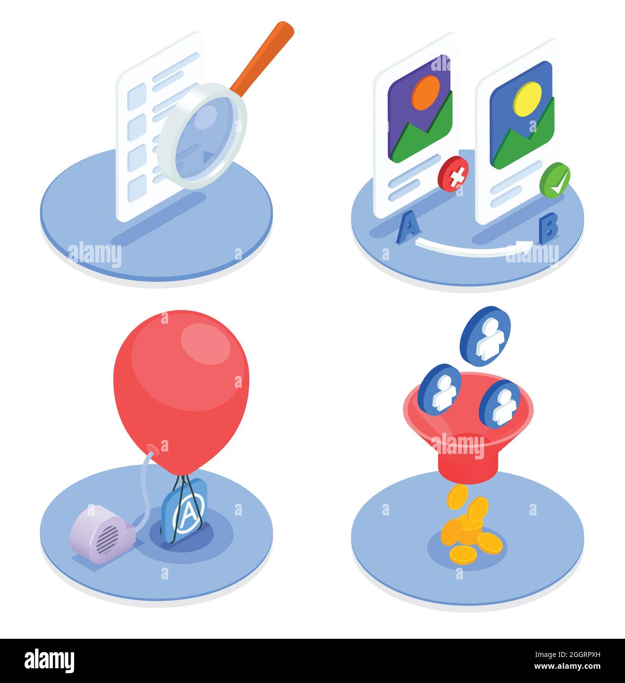 App Store Optimierung 2x2 Design-Konzept mit 3d bunte Symbole isoliert auf weißem Hintergrund Vektor-Illustration Stock Vektor