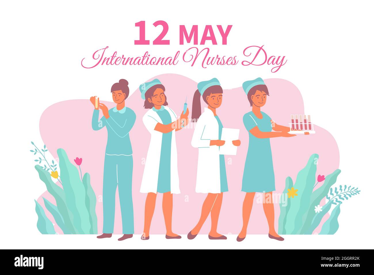 Flache internationale Krankenschwestern Tageskarte mit Frauen in medizinischer Kleidung bei der Arbeit Vektor-Illustration Stock Vektor