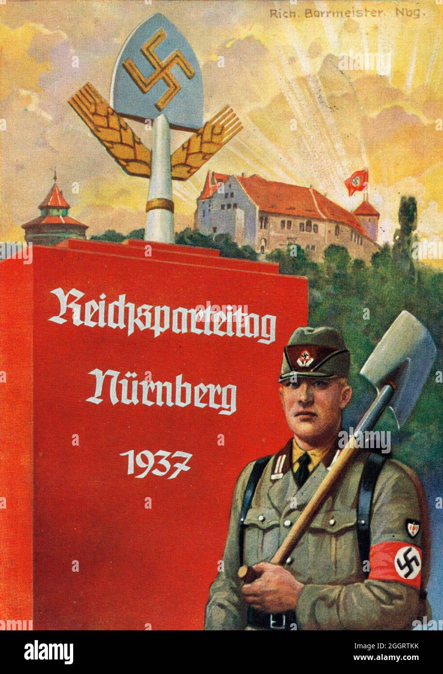 Ein Vintage-Plakat für die jährliche Reichsparteitagsversammlung der Nazis in Nürnberg mit einem uniformierten Mitglied des Reichsarbeitsdienstes (Rad) Stockfoto