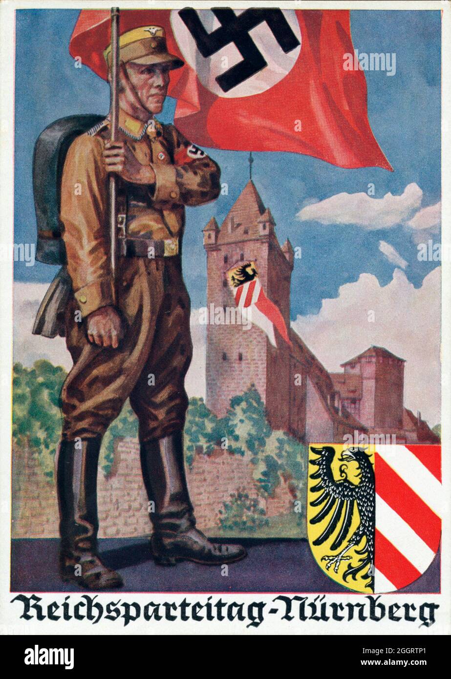 Ein Vintage-Plakat zur jährlichen Reichsparteitagsversammlung der Nazis in Nürnberg mit einem Mitglied der Sturmabteilung (SA, die Brownshirts) Stockfoto