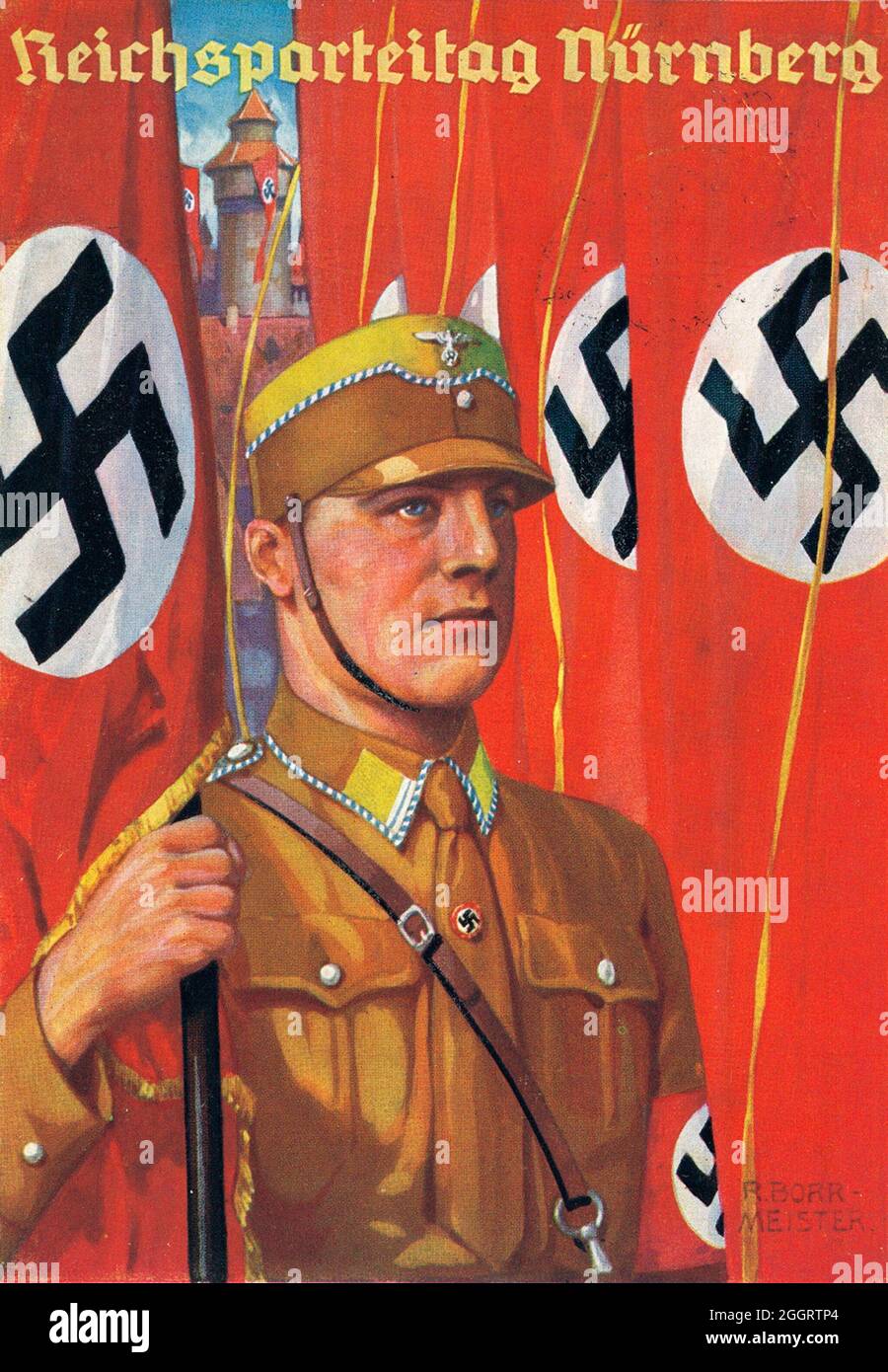 Ein Vintage-Plakat zur jährlichen Reichsparteitagsversammlung der Nazis in Nürnberg mit einem Mitglied der Sturmabteilung (SA, die Brownshirts) Stockfoto