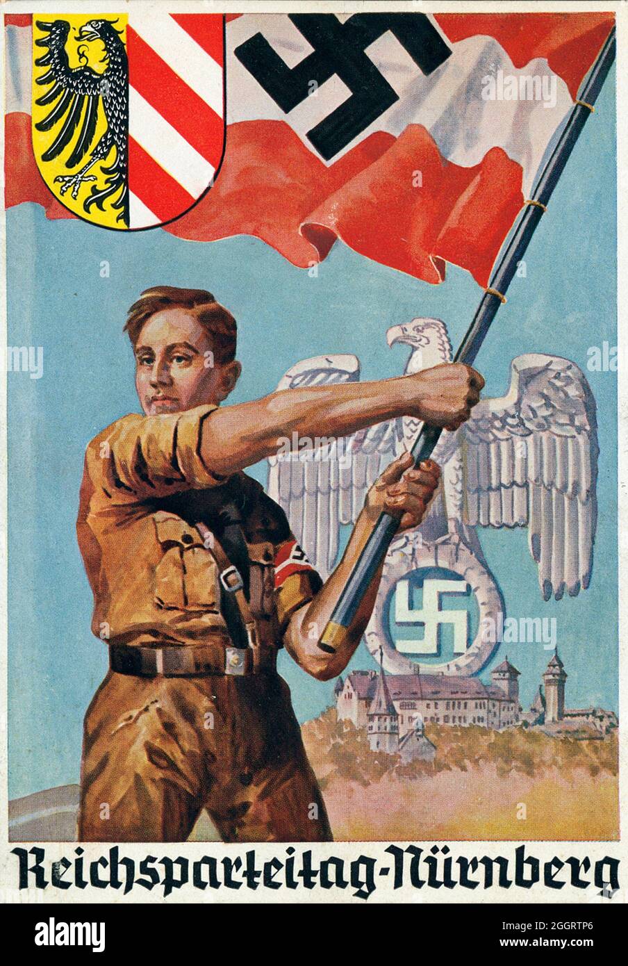 Ein Vintage-Plakat zur jährlichen Nazi-Nürnberger Kundgebung mit einem uniformierten Mitglied der Hitler-Jugend (HJ) Stockfoto