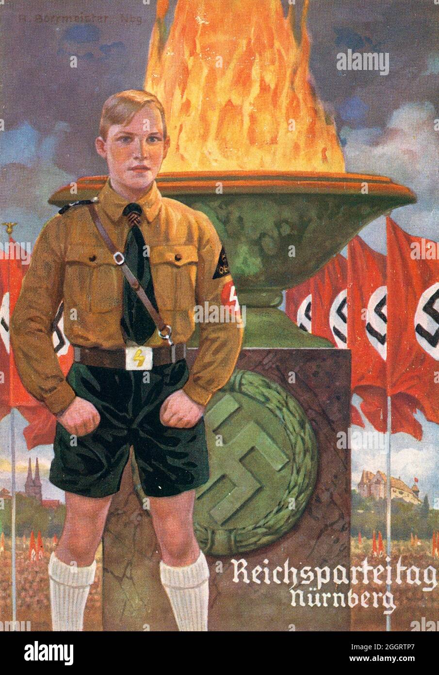 Ein Vintage-Plakat zur jährlichen Nazi-Nürnberger Kundgebung mit einem uniformierten Mitglied der Hitler-Jugend (HJ) Stockfoto
