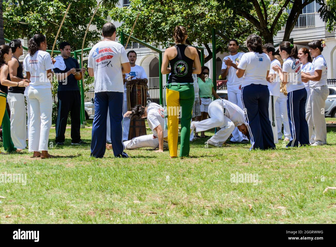 Salvador, Bahia, Brasilien - 23. Februar 2014: Gruppe von Capoeristas, die an einem sonnigen Tag auf einem grünen Rasen Kunst machen. Stockfoto