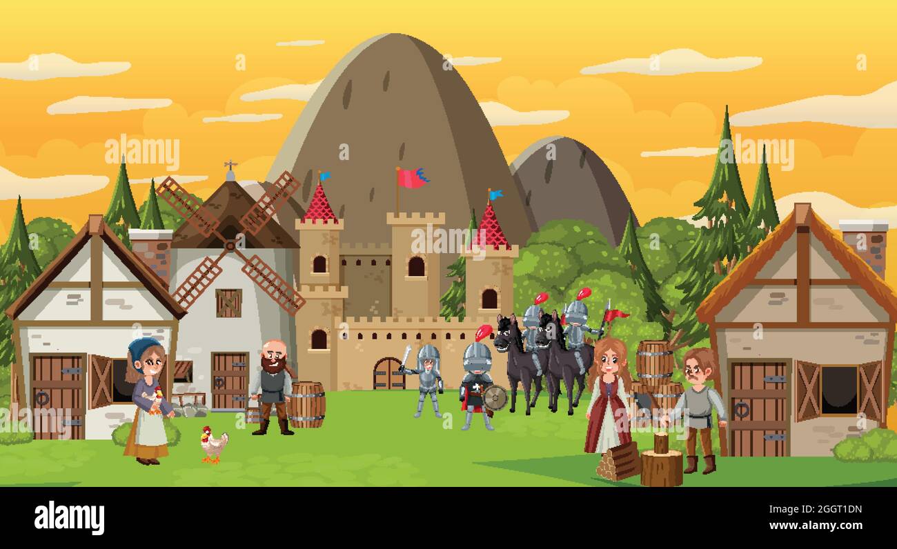 Mittelalterliche Stadtszene mit Dorfbewohnern und Kriegern Stock Vektor