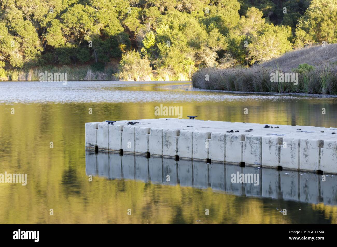 Bootsanlegestelle am Boronda Lake im Foothills Park mit Sonnenuntergangsreflexionen. Palo Alto, Santa Clara County, Kalifornien, USA. Stockfoto
