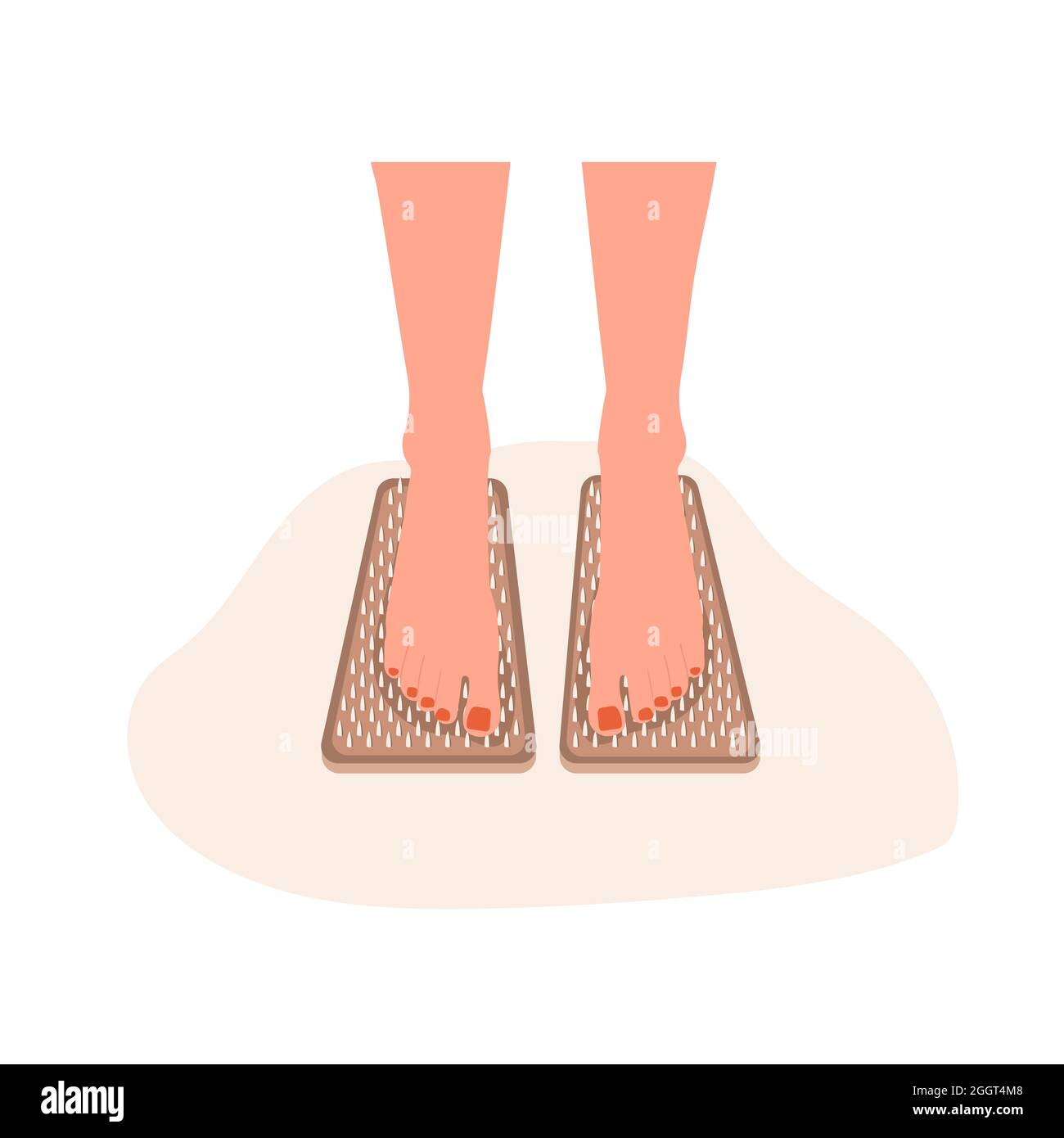 Sadhu-Platine. Weibliche Füße stehen auf Nägeln. Alternative Medizin. Holzbrett für Yoga-Praxis. Meditation und Entspannung. Vektorgrafik in flacher Form Stock Vektor