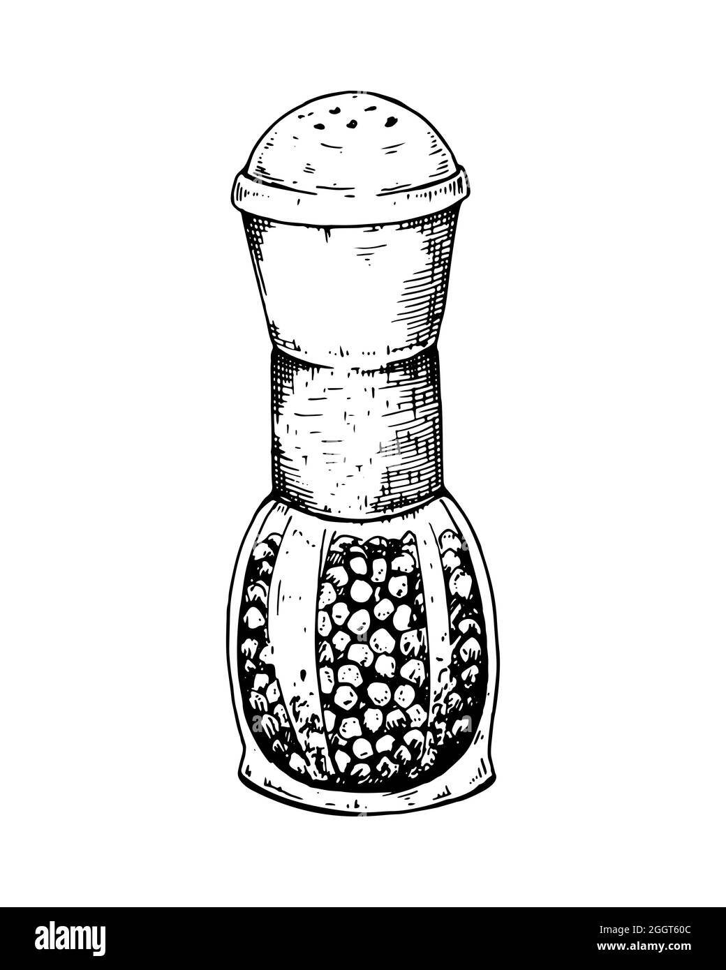 Handgezeichnete Pfefferkörner in der Mühle. Vektorgrafik im Skizzenstil Stock Vektor